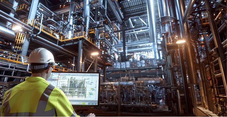 Engenheiro acompanhando painel de controle em planta industrial
